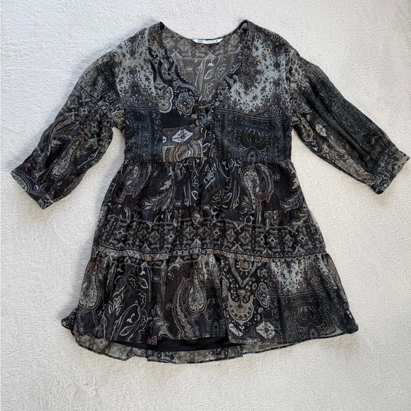 ZARA Boho Paisley Tiered Mini Dress Size M Sheer Long Sleeve Babydoll Tunic - Picture 2 of 16